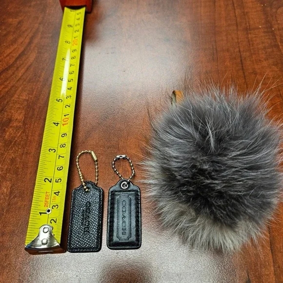 3pc COACH Bag Charm Lot - Auth Black Leather Hangtags & Large Fluffy Pom Pom - Picture 4 of 5
